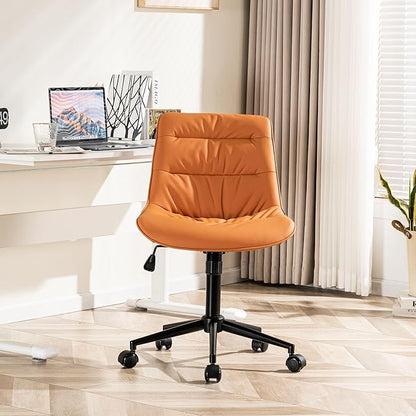 Rowill Leather Office Chair,Ergonomic Armless Desk Chair with Waterproof Cushion & Slient Wheels & SGS-Certified Class 3 Explosion-Proof Gas Lift,Ideal for Home Office,Study,Vanity(Brunt Orange)