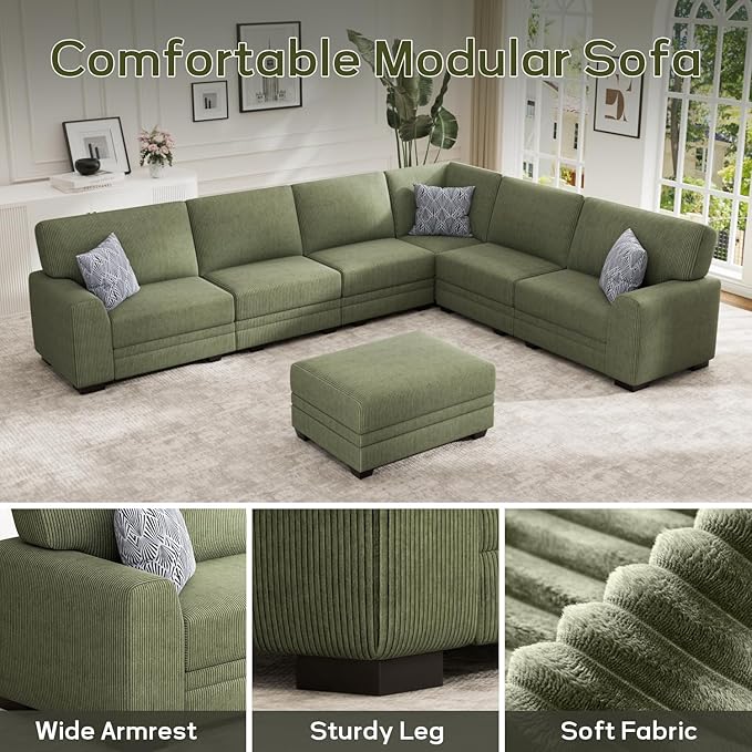 Wanderwell Oversized Modular Sectional Sofa, 6-Seater U Shaped Couches with Movable Ottoman,Corduroy Sectional Couch with Wide and Deep Seats Suitable for Living Room,Bedroom,Apartment (Olive, L-7)