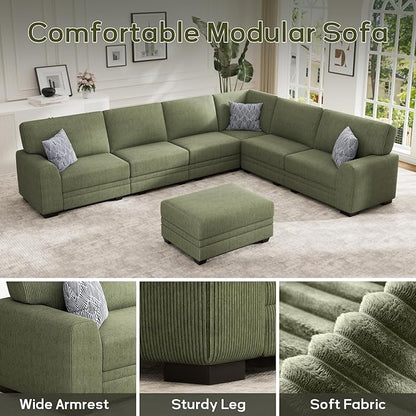 Wanderwell Oversized Modular Sectional Sofa, 6-Seater U Shaped Couches with Movable Ottoman,Corduroy Sectional Couch with Wide and Deep Seats Suitable for Living Room,Bedroom,Apartment (Olive, L-7)
