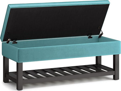 SIMPLIHOME Cosmopolitan 44 inch Wide Traditional Rectangle Storage Ottoman Bench with Open Bottom in Aqua Velvet Fabric, Assembled for the Living Room and Bedroom
