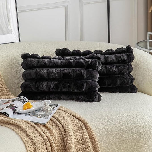 Neelvin Black Faux Fur Cozy Soft Plaid Decorative Throw Pillow Covers 12x20 inch Set of 2,Velvet Pillowcase Cushion Case for Sofa Couch