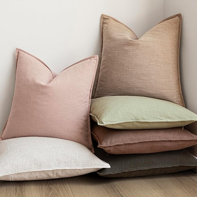 Foindtower Pack of 2, Decorative Linen Solid Throw Pillow Covers Soft Accent Cushion Case Boho Farmhouse Pillowcase for Bed Chair Couch Sofa Bedroom Living Room Home Decor 16 x 16 Inch Light Pink