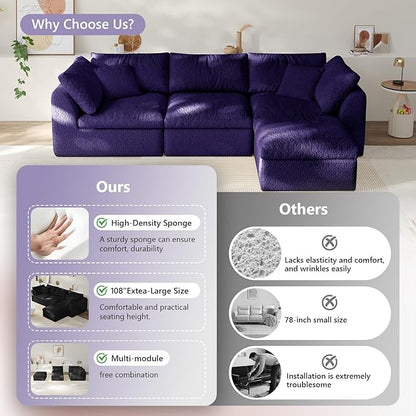 108" Boneless Cloud Couch Modular Sectional Sofa with Deep Seat for Living Room, L Shape Couch with Ottoman, Snowflake Cloth and 40D Memory Sponge，2 Throw Pillows (Purple, 3 Seater+1 Ottoman)