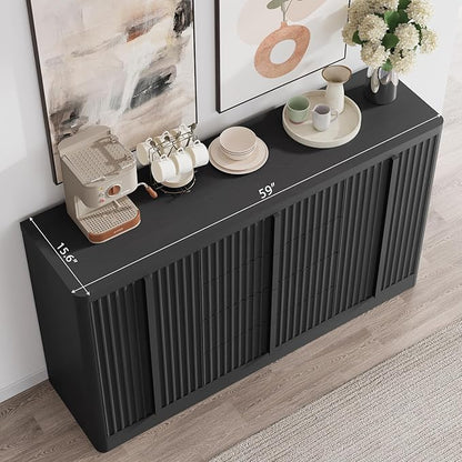 Buffet Cabinet with Storage, 60" Fluted Sideboard with 4 Drawers & 2 Door–Modern Accent Buffet Cabinet with Adjustable Shelves, Credenza Storage Cabinet for Kitchen, Dining, Living Room,Black(1PC)