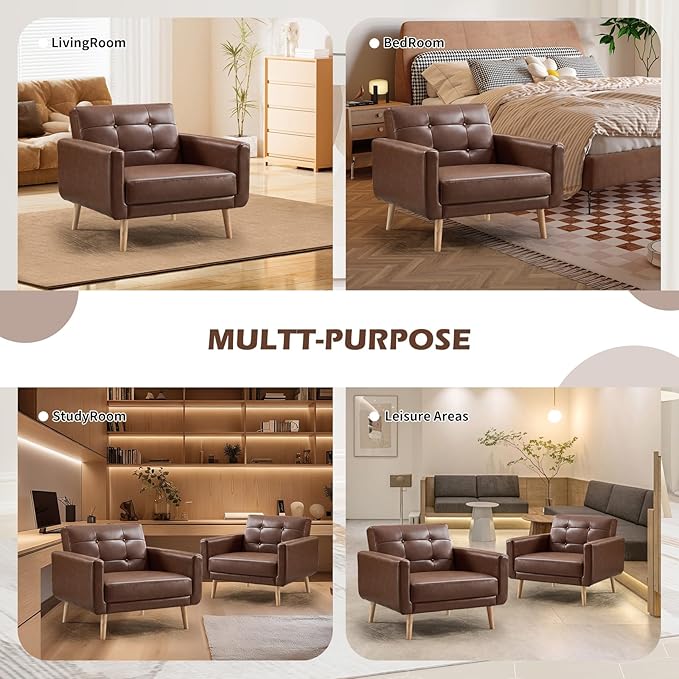 CANMOV 29" W Oversized Leather Accent Chair Set of 2, Armchair Button Back, Mid Century Modern Accent Chairs for Living Room, Modern Upholstered Bed Room Chair Cozy Armchair with Wood Legs, Brown