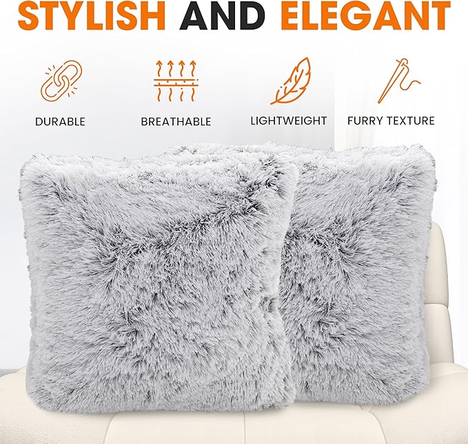 Cheer Collection Throw Pillows for Couch and Bed, Soft Shaggy Throw Pillows with Inserts Included, Cozy Long Hair Faux Fur Pillows - Set of 2-22" x 22" Gray