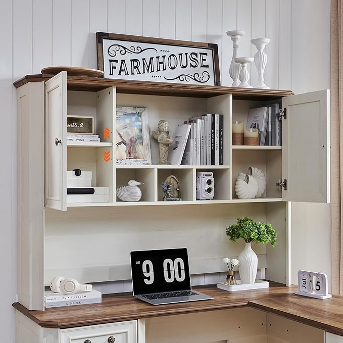 T4TREAM L Shaped Desk with Hutch,59" Farmhouse Wood Home Office Executive Desk,Charging Station,File Drawer, Storage Cabinet,Computer Desk for Work and Study (Antique White)