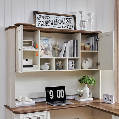 T4TREAM L Shaped Desk with Hutch,59" Farmhouse Wood Home Office Executive Desk,Charging Station,File Drawer, Storage Cabinet,Computer Desk for Work and Study (Antique White)