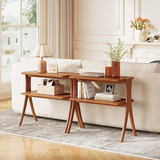 LITTLE TREE Narrow Side Table Set of 2, Small Side Table, 2-Tier Farmhouse End Table with Solid Wood Legs, Space-Saver for Living Room, Bedroom, Entryway (Walnut)