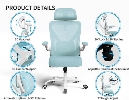 Office Chair - Ergonomic Office Chair with Back Support, Ergonomic Computer Chair - Home Office Desk Chairs, 400lbs Wide Seat Big and Tall Office Chairs with Headrest, Comfy Desk Chairs (Lake Blue)