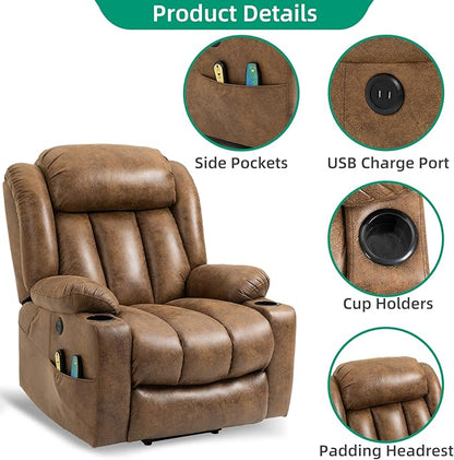 VIVIJASON Tall Man Large Power Lift Recliner Chair with Massage and Heat for Elderly, Overstuffed Wide Electric Lift Recliner with Extended Footrest, 2 Cup Holder, Side Pockets & USB Ports (Brown)