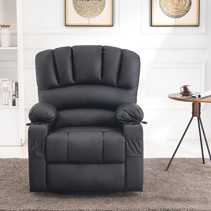 MCombo Power Lift Recliner Chair for Elderly, Lift Chair with Heat and Massage, USB &Type C Ports, Cup Holders, Faux Leather 7095 (Medium, Black)