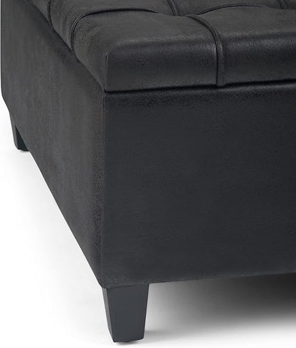 SIMPLIHOME Harrison Coffee Table Storage Ottoman - 36 inch Wide Upholstered Vegan Leather Square Lift-Top Ottoman in Distressed Black, Transitional Ottoman for Living Room with Hidden Storage