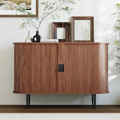 ARTPOWER 47.2" Sideboard Buffet Cabinet with Tambour Door, 6 Heights Adjustable Shelves, Accent Console Cabinet with Storage, Modern Credenza for Living Room, Dining Room, Entryway, Walnut