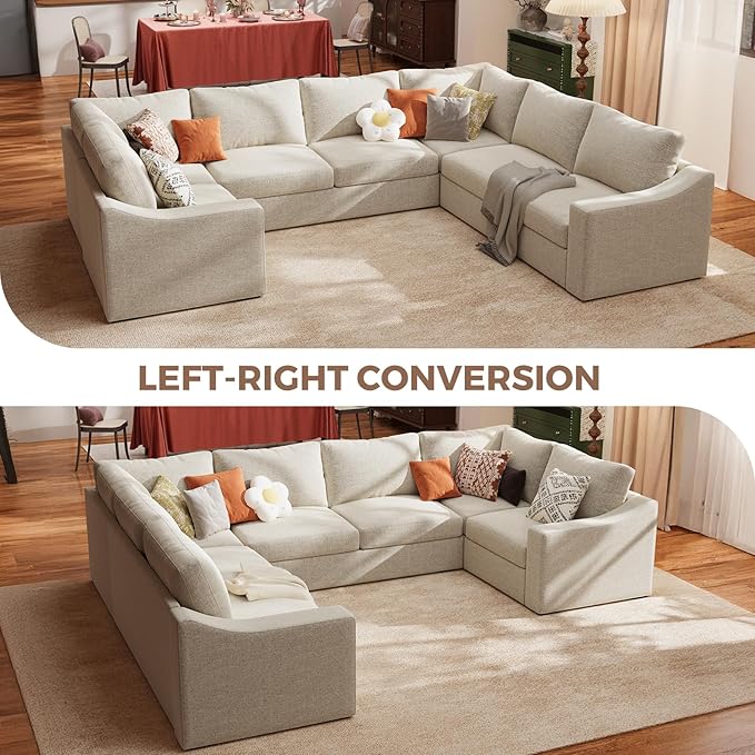ABCASA Oversized 136" Modular Sectional Sofa, Deep Seat U Shaped Couches for Living Room, Breathable Linen Fabric Corner Couch, Easy to Assemble, Oatmeal