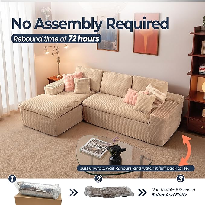 106" Oversized Couch Sofa, L Shape Couches for Living Room, No Assembly Required Corduroy Sectional Sofas with Left Facing Chaise for Home Apartment