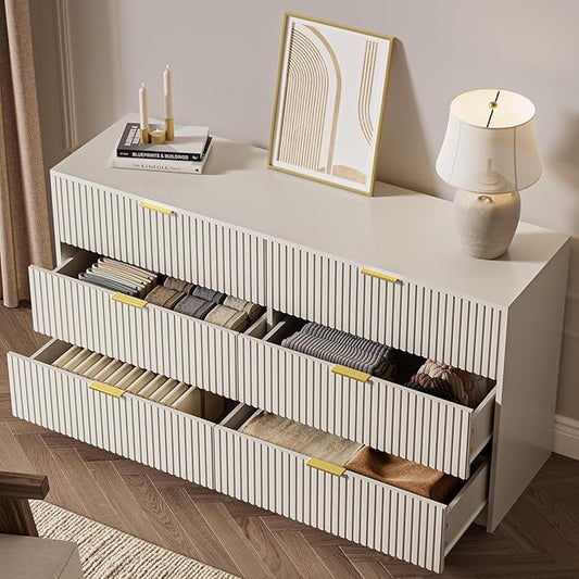 3-Piece Dresser Bedroom Set, 6 Drawer Dresser & 3 Drawer Nightstands with Gold Handles, Fluted Wood Chest of Drawers for Bedroom, Living Room, Entryway, Beige