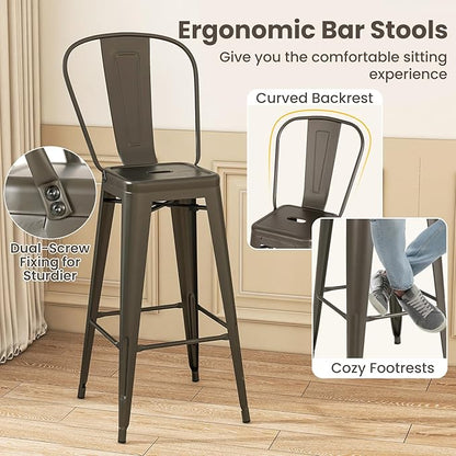 COSTWAY Metal Bar stools Set of 4, with Removable Back, 30'' Bar Height Stools with Rubber Feet, Stylish and Modern Chairs, for Kitchen, Dining Rooms, and Side Bar (Gun-Update, 30'')