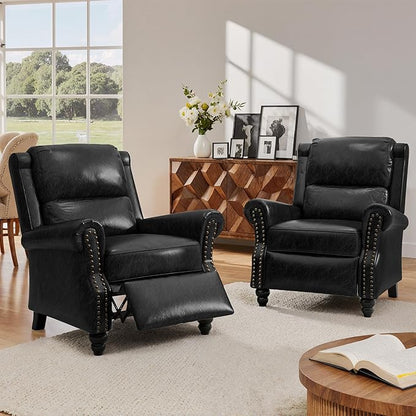 Lumibee Pushback Recliner Chair,Upholstered Wingback Chair for Small Spaces,2 Set of PU Leather Armchair for Living Room,Single Sofa Accent Chair Reading Seat for Balcony,Bedroom-Black