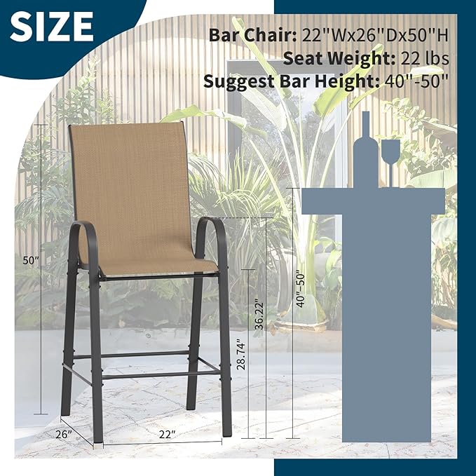 Amopatio Outdoor Bar Stools Set of 8, Bar Hight Patio Chairs, Sturdy High Back Outdoor Bar Chairs, All-Weather Textile Patio Bar Stools for Backyard, Porch, Balcony, Brown