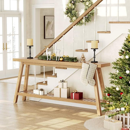 LITTLE TREE 70.9 Inches Extra Long Console Table for Entryway, 2-Tier Narrow Wood Sofa Table Behind Couch, Large Sofa Table for Living Room, Light Brown Hallway Entry Table with Storage