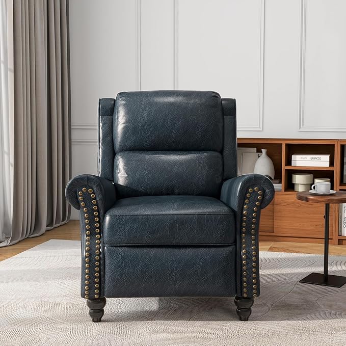 UIXE Faux Leather Pushback Recliner Chairs Set of 2, Overstuffed Armchair Push Back Accent Chair for Living Room, Rivet Trim Club Chair Home Theater Single Sofa Bedroom Side Reading Seat - Navy Blue