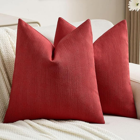 FUTEI Christmas Red Chenille Decorative Throw Pillow Covers 22x22 Inch Set of 2,Soft Cozy Striped Geometric Patterns Cushion Cases,Modern Home Decor for Couch Bed Living Room