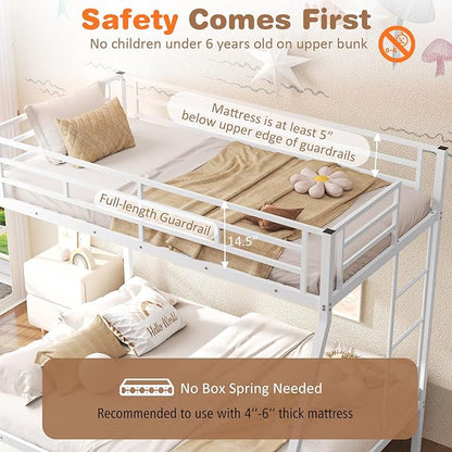 Giantex Metal Bunk Beds Twin Over Full Size, Heavy Duty Loft Bunk Bed with Ladder & Guardrail, Space Saving Bunk Bed for Dorm Apartment, Teens & Adults, Noise-Free, No Box Spring Needed, White