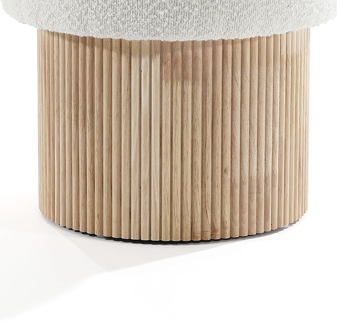 LuxenHome Storage Ottoman, 15.5"W x 15.5"H Modern Upholstered Padded Ivory Footstool with Storage and Wood Fluted Base, Accent Small Table, Footrest Vanity Stool for Living Room, Bedroom, Small Space