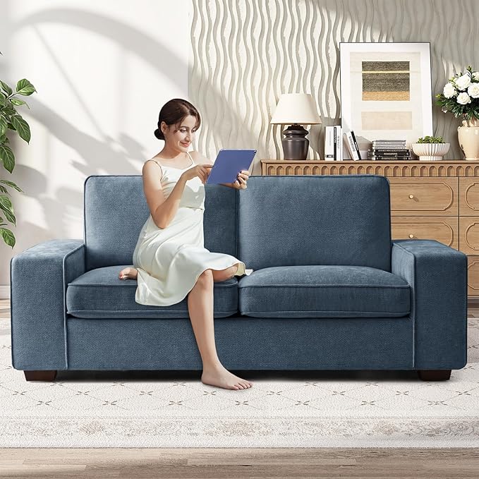 RISAR 71.25" Modern Loveseat Sofa for Living Room, Chenille Couch with Removable Cover & Spring Cushions, Solid Wood Frame, Easy Assembly for Small Spaces (Blue)