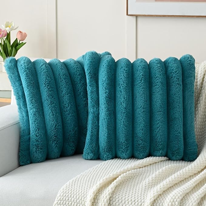 FUTEI Teal Decorative Throw Pillow Covers 22x22 Inch Set of 2, Square Soft Faux Rabbit Fur Thick Striped Cushion Cover,Winter Home Decor for Couch Bed Living Room
