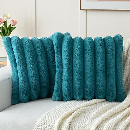 FUTEI Teal Decorative Throw Pillow Covers 22x22 Inch Set of 2, Square Soft Faux Rabbit Fur Thick Striped Cushion Cover,Winter Home Decor for Couch Bed Living Room