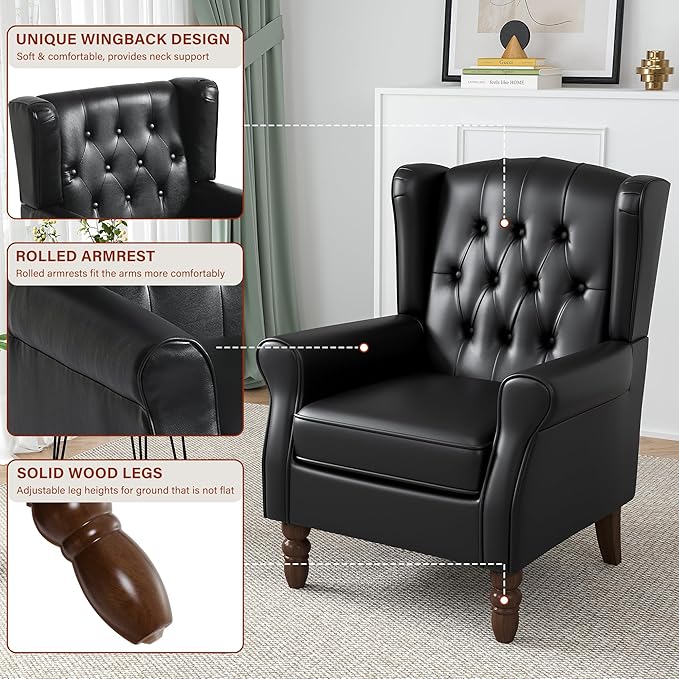 High Back Accent Chair, Faux Leather High Wingback Chair for Living Room, Button-Tufted Upholstered Armchair with Solid Wood Legs, Comfy Single Sofa Reading Chair for Bedroom, Black