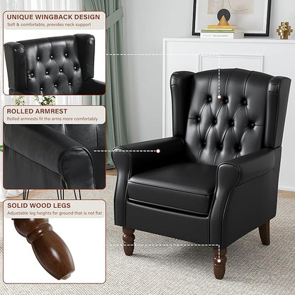 High Back Accent Chairs Set of 2, Faux Leather Wingback Chair for Living Room, Button-Tufted Upholstered Armchair with Solid Wood Legs, Comfy Single Sofa Reading Chair for Bedroom, Black