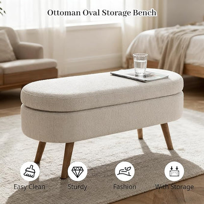 Storage Ottoman Bench 43" Ottoman Bench for Bedroom, Upholstered Boucle Fabric Footrest End of Bed with Safety Hinge Solid Wood Legs Foot Stool Storages Benches for Living Room Entryway, Beige