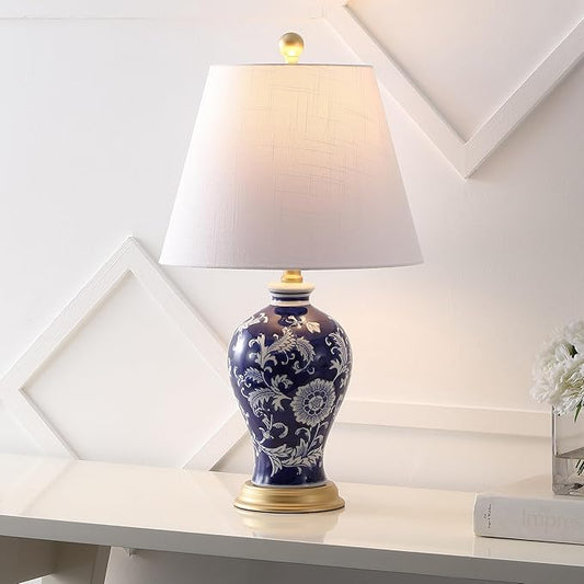 JONATHAN Y JYL3009E Grace 24" French Country Cottage Ceramic/Iron Floral Urn LED Table Lamp, Navy/White for Bedroom, Living Room, Office, College