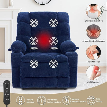 EONIX Wide Lay Flat Power Lift Recliner Chair for Elderly, Dual Motor Oversized Lift Chair with Heat and Massage and Cup Holders, 400lbs Heavy Duty Lift Recliner Sofa, Navy Blue