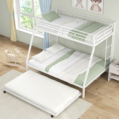 Giantex Twin Over Full Bunk Bed with Trundle, Heavy-Duty Metal Triple Bunk Beds w/Two Side Ladders & Safety Guard Rail, 3 in 1 Bunk Beds for Kids Teens, No Box Spring Needed,White