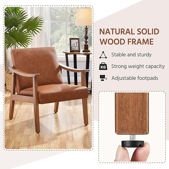 Yaheetech PU Leather Accent Chair, Mid-Century Modern Armchair with Solid Wood Legs, Reading Leisure Chair for Living Room Bedroom Waiting Room, Light Brown, Set of 2