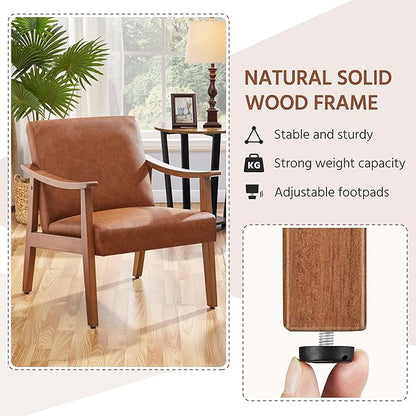 Yaheetech PU Leather Accent Chair, Mid-Century Modern Armchair with Solid Wood Legs, Reading Leisure Chair for Living Room Bedroom Waiting Room, Light Brown, Set of 2