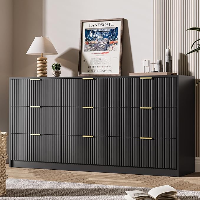Black 9 Drawer Dresser for Bedroom, Modern Fluted Dresser with Gold Metal Handles, Wide Chest of Drawers for Bedroom, Living Room, Entryway, Hallway, 63" L x 15.7" D x 31.4" H
