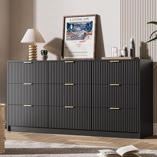 Black 9 Drawer Dresser for Bedroom, Modern Fluted Dresser with Gold Metal Handles, Wide Chest of Drawers for Bedroom, Living Room, Entryway, Hallway, 63" L x 15.7" D x 31.4" H