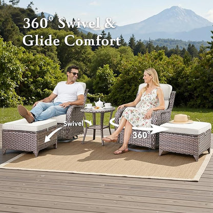 Belord Luxury 6" Thick Cushioned 5 Pieces Patio Furniture Set with 2 Ottomans, Wicker Outdoor Conversation Set with High Back Swivel Rocker Patio Chairs for Deck Porch Yard and Poolside - Brown+Beige