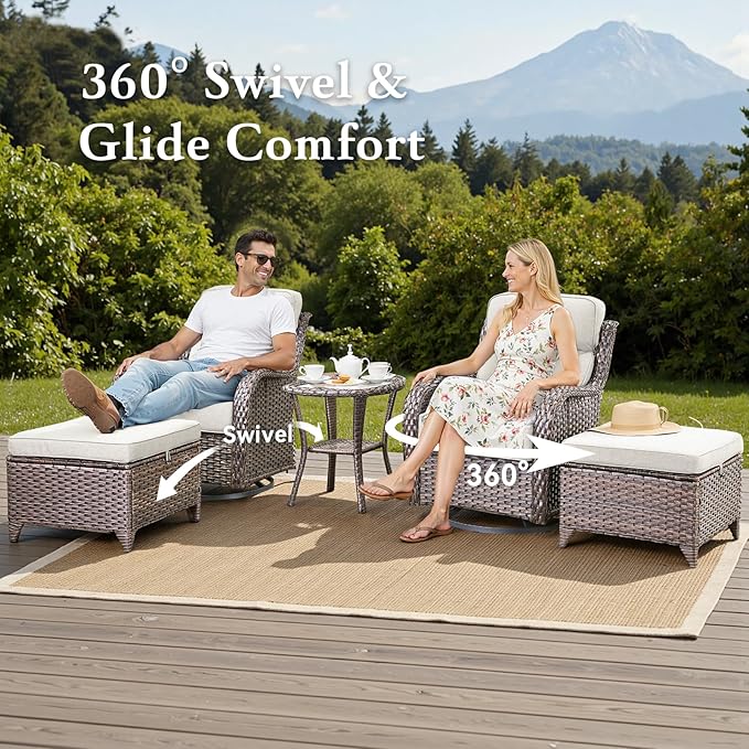 Belord Luxury 6" Thick Cushioned 11 Pieces Patio Furniture Set with Outdoor Couch, Wicker Outdoor Conversation Set with High Back Swivel Rocker Chairs for Deck Porch Yard and Poolside - Brown+Beige