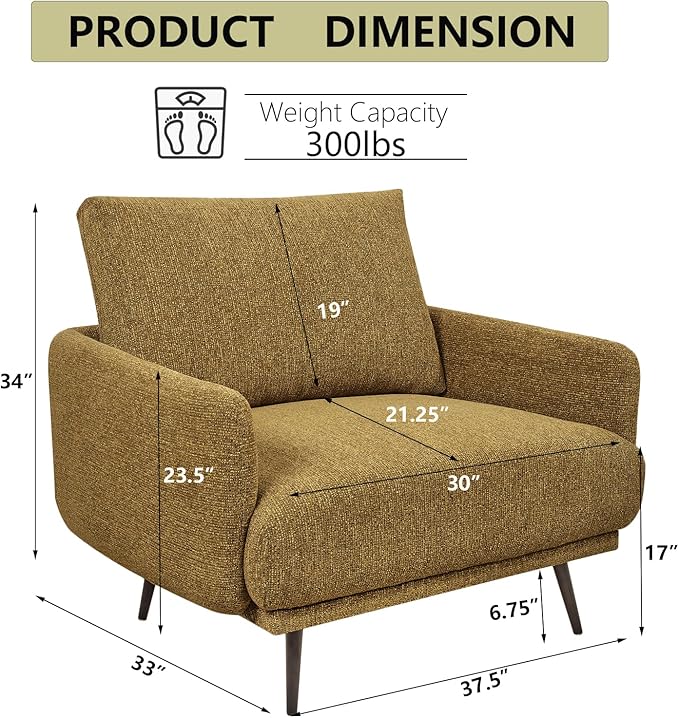 Oversized Accent Chair for Living Room Chairs Reading Arm Chair Comfy Modern Single Sofa Side Chairs with Metal Legs & Soft Cushion for Bedroom, Waiting Room (Chenille Pumpin, Set of 1)