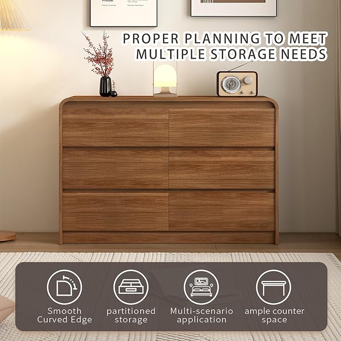 6 Drawer Dresser For Bedroom 55 Inch Wood Chest of Drawers - Curved Anti Collision, Mid Century Dresser For Closet with Natural Texture & Pre-Embedded Slots for TV Stand, Living Room, Nursery