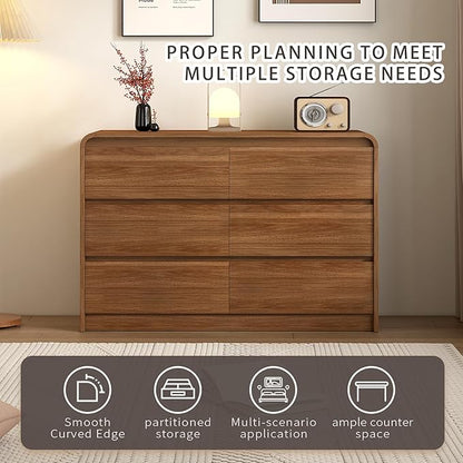 6 Drawer Dresser For Bedroom 47 Inch Wood Chest of Drawers - Curved Anti Collision, Mid Century Dresser For Closet with Natural Texture & Pre-Embedded Slots for TV Stand, Living Room, Nursery