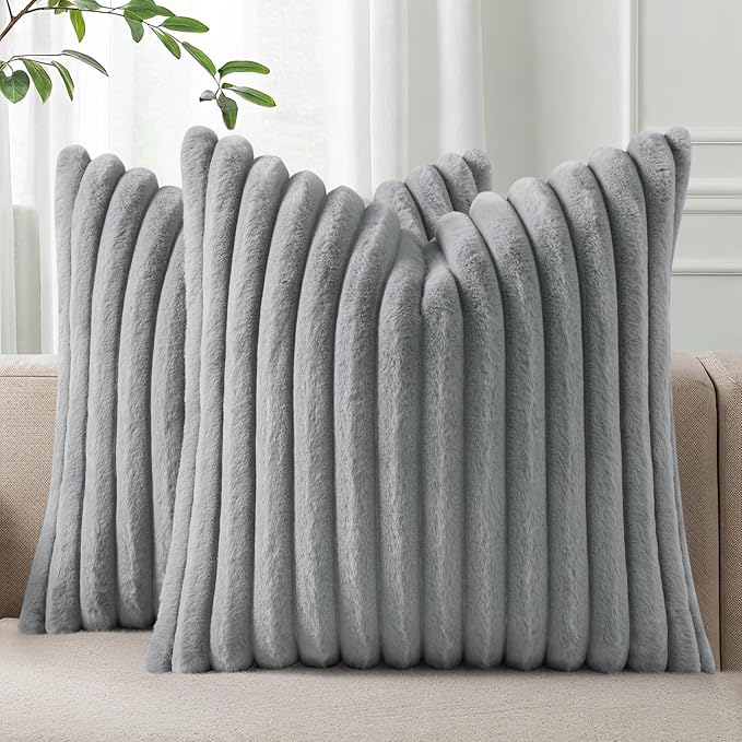 Pallene Faux Fur Plush Throw Pillow Covers 22x22 Set of 2, Luxury Soft Fluffy Striped Decorative Pillow Covers for Sofa, Couch, Living Room, Grey