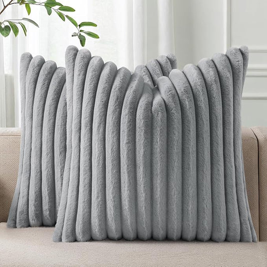 Pallene Faux Fur Plush Throw Pillow Covers 22x22 Set of 2, Luxury Soft Fluffy Striped Decorative Pillow Covers for Sofa, Couch, Living Room, Grey