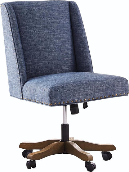 Armless Home Office Chair with Wooden Legs, Modern Adjustable Upholstered Office Desk Chair No Arms Computer Chair Swivel Chair for Home Office Study Studio (Blue)